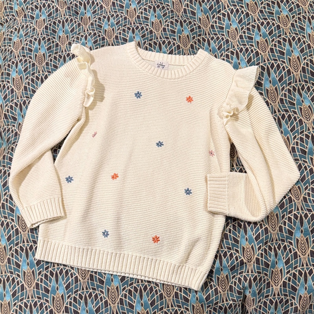 Girls Cream Sweater with Floral Accents